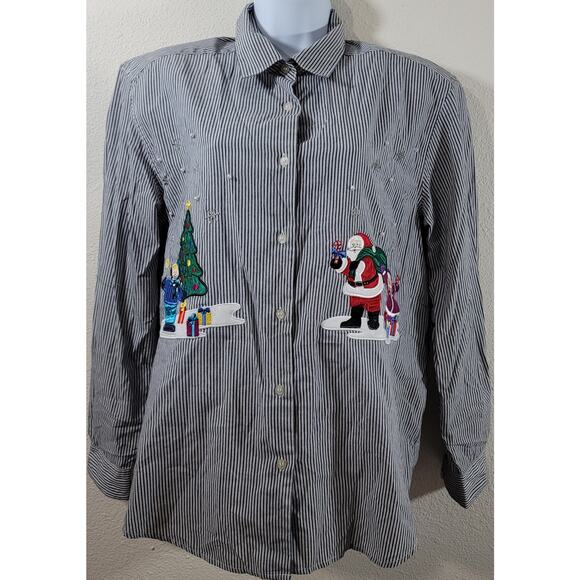 VTG Karen Scott Blue Striped Christmas Embroidered Scene Button Up Top Large - Picture 1 of 7